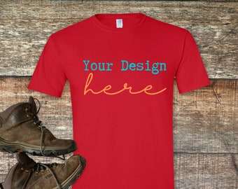 Red Gildan 64000 T-shirt Mockups, T shirt  mocks, mockups for men, men’s mocks, masculine mocks, hiking, camping, Father’s Day, Flat lay