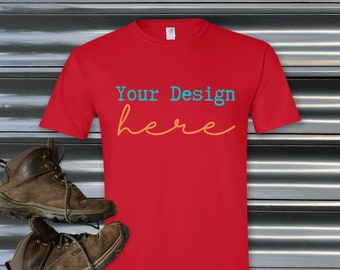 Red Gildan 64000 T-shirt Mockups, T shirt  mocks, mockups for men, men’s mocks, masculine mocks, hiking, camping, Father’s Day, Flat lay