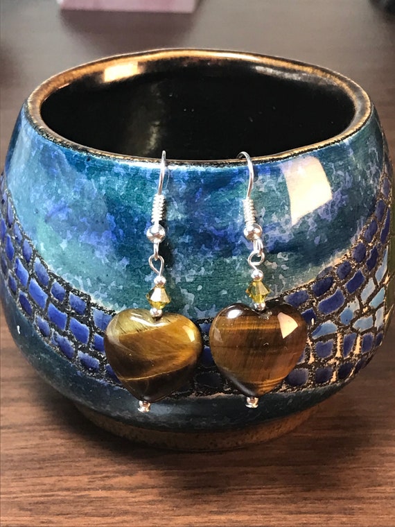 Beautiful Tiger Eye Crystal Heart Earrings Etsy