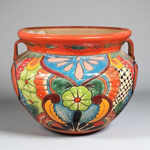 Extra Large Handcrafted Michoacana Talavera Planter Pot Colorful Hand Painted Mexican Clay Pottery