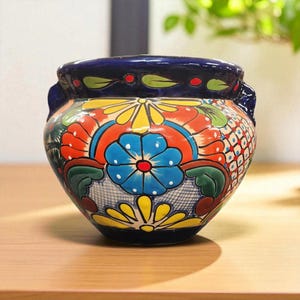 Large Handcrafted Michoacana Talavera Planter Pot Colorful Hand Painted Mexican Clay Pottery