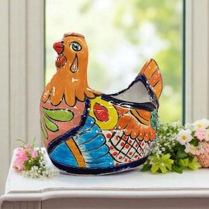 Colorful Handcrafted Chicken Talavera Planter Pot Hand Painted Mexican Clay Pottery