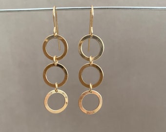 Trio circle drop earrings, 10mm circles, 14Kt goldfilled USA.