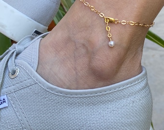 Sparkle chain anklet with freshwater Pearl, 14Kt Gold filled, adjustable.