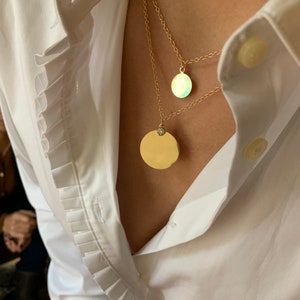 Double disc coin necklace, 14Kt Gold filled, zirconia charm, double coin disc