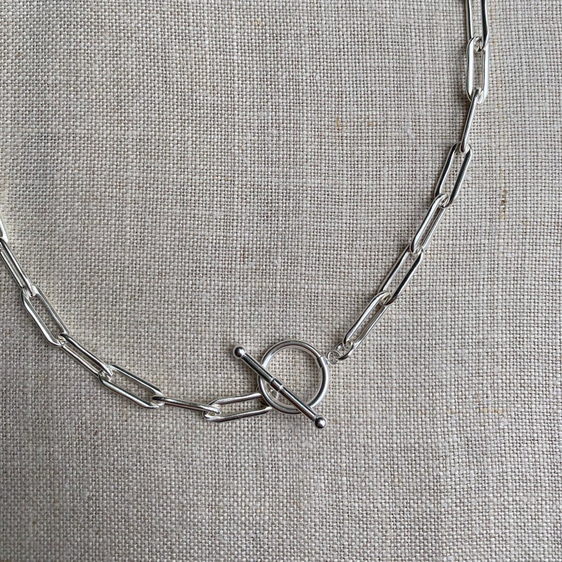 Large Paperclip Link Toggle Necklace, Sterling Silver Toggle Necklace