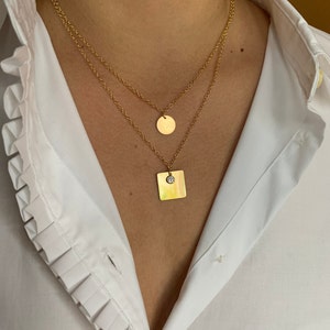 Double coin gold necklace, 14Kt Gold filled, square and round disc charm, zirconia charm.