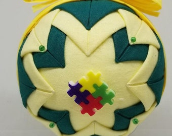 Handmade Folded Fabric Ornament with Autism Puzzle Piece Decoration