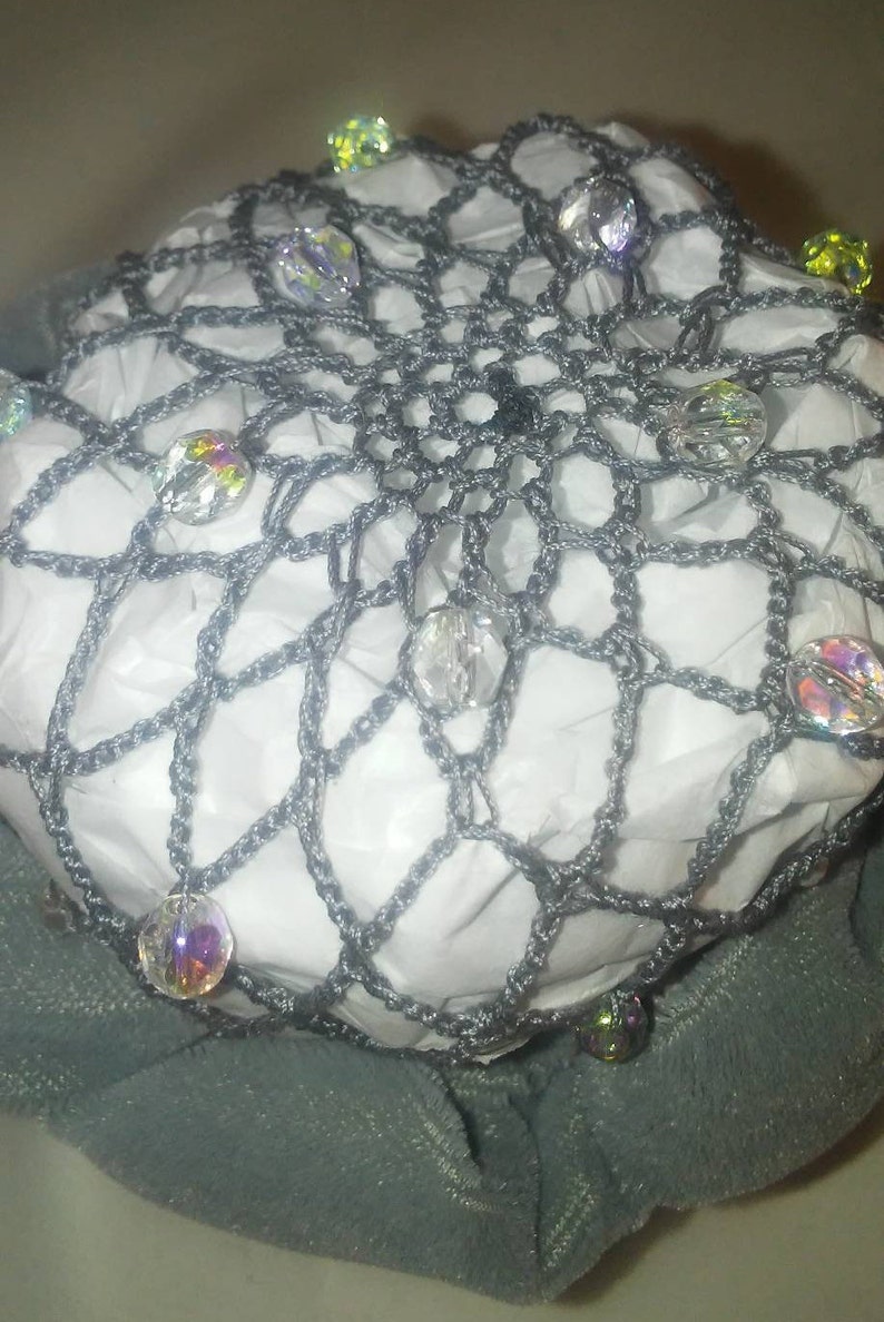Horse show hair bun cover Sassy Bun Netting and beading options Gray Velvet and Clear Opalescent Czech Beads