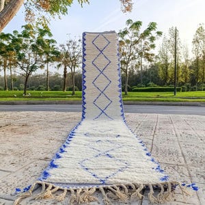 Moroccan Runner Rug, Blue Beni Ourain Runner Rug, Custom Hallway Rug Runner, Bespoke Long Runner Long Berber Carpet Made to Order