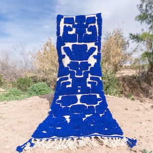 Morrocan Runner Rug, Blue Berber Rug Runner, Geometric Non-slip runner rug, Textured Beni ourain runner, Hand Tufted hallway runner rug
