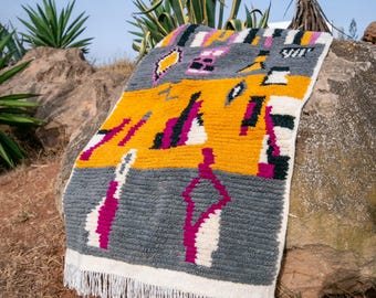 Colorful Moroccan Rug, Handcrafted Azilal Rug, Boho Berber Small Morrocan Area Rug, Wool Accent Rug
