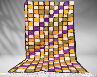 Moroccan Rug Berber Carpet, Custom Handmade Checked Rug, Colorful Azilal Wool Bedroom Rug, Checkerboard Area Rug