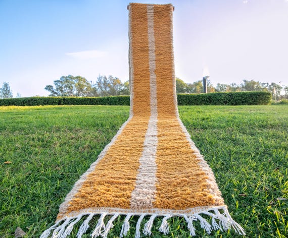 Mustard Beige Wool Runner Rug: Handwoven Moroccan Berber Style
