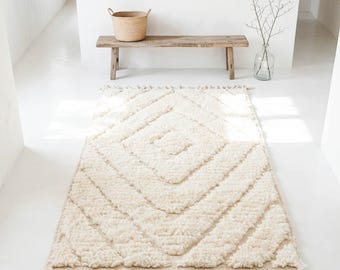 Ivory Cream Moroccan Rug - Hand Tufted Berber Wool Area Rug - Soft White Beni Ourain Modern Living Room Rug - Neutral Scandi Boho Bedroom