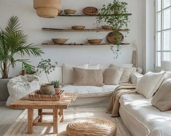 Creamy Handmade Moroccan Wool Rug - Minimalist Beni Ourain Rug – Off White Ivory with stripes , Hand Tufted Berber Shag Area Rug