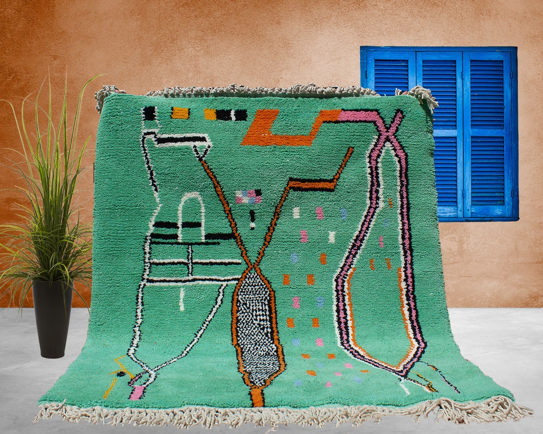 Custom Green Moroccan Rug, Authentic Wool Berber Rug, Custom Colorful