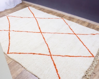 Orange Moroccan Area rug - Beni ourain Boho Berber Handmade Rug- Large Beni Ouarain Morocco Shag Rug for living room 6.5x10 ft