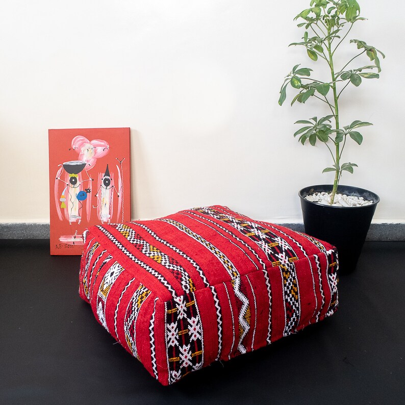 Moroccan Kilim Pouf Red Floor Pillow Kelim Big Floor Etsy