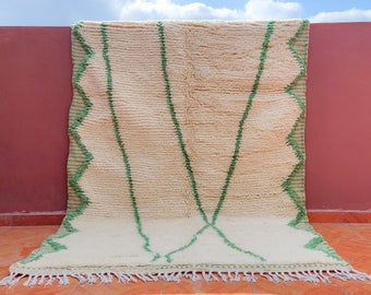 Boho Green Morrocan Rug, Beni Ourain Handcrafted Wool Shag Carpet, Fern Green Minimalist Hand Tufted Soft Cream Rug