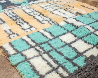 Boho Azilal Rug, Small Moroccan Rug Berber Wool Area Rug, Vintage Green Orange Azilal Morocco Rug 3'x5' ft