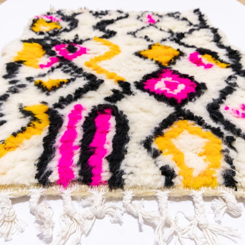 Small Moroccan Rug 2x3, Wool Bath Mat, Fringe Rug for Entry, Shag Pile