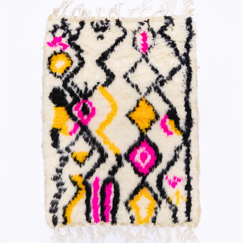 Small Moroccan Rug 2x3, Wool Bath Mat, Fringe Rug for Entry, Shag Pile