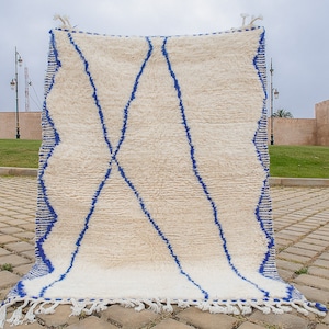 Moroccan Rug Blue Coastal rug, Berber Beni Ourain Striped custom Rug, Authentic Morocco Area Carpet, Wool Handmade Morrocan Striped Rug