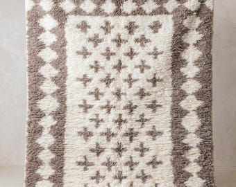Morrocan Area Rug With Brown Cross- Custom Beni Ourain Natural Wool Handmade Berber Rug