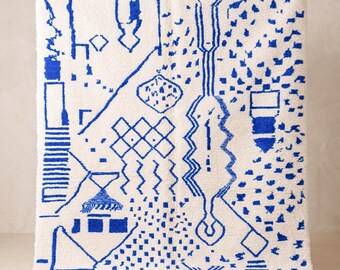 Custom Blue Moroccan Rug | Made to Order Berber | Handwoven Bespoke Rug | Authentic Bedroom Wool Carpet for living rooms