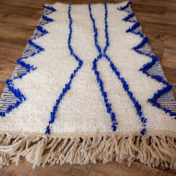 Custom Hallway Rug, Blue Moroccan Runner Rug, White Beni Ourain Runner Carpet, Coastal Nautical Wool Berber Handamde Long Rug