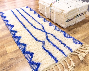 Small Moroccan Rug, Handwoven Cream and Blue Wool Rug, Bedroom Rug, Soft Carpet Rug, Thick Boho Rug, bathroom rug, shower rug, kitchen rug,