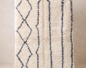 Handmade Moroccan Beni Ourain Rug, Ivory and Black Berber Carpet