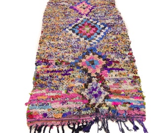 Handgeweven Rag Rug, Marokkaanse Boucherouite Rug Runner, Vintage Kleurrijke Paarse en Roze Oude Marokkaanse Rug