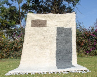 Custom Minimalist Morrocan Rug, Large Morocco Rug, White Wool Berber Carpet, Brown Grey Fluffy Rug, Bespoke Handmade Azilal Rug