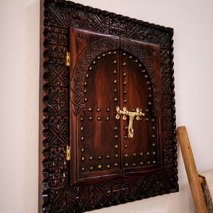 Handcrafted Morrocan Window - Wooden Window Frame - Dark Brown Hanging Wall Decor Hand Carved - Cedar Wood  Window - Old Window Frames