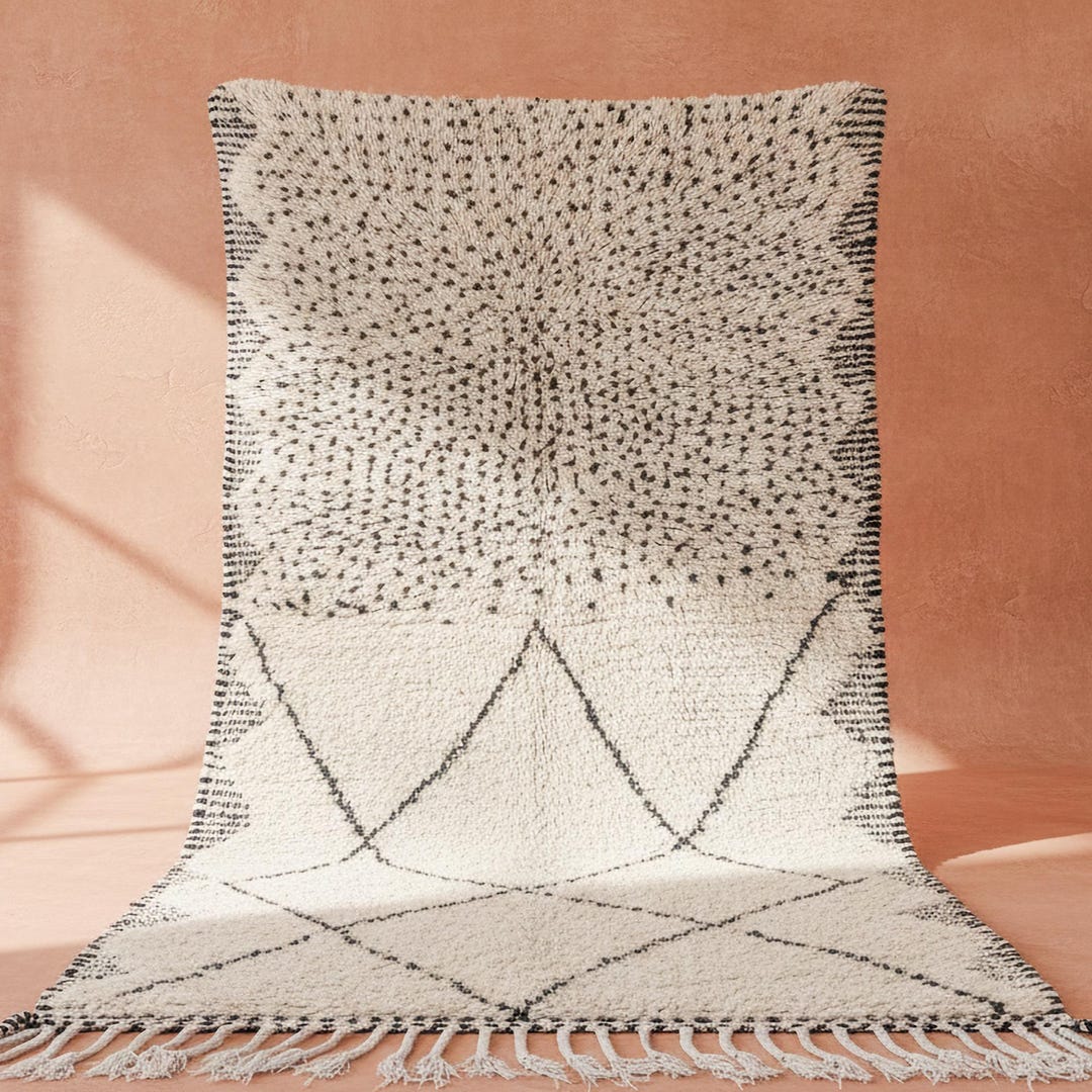 Living Rooms Beni Ourain Rug – Wool Custom Moroccan Rug, Ivory & Black ...