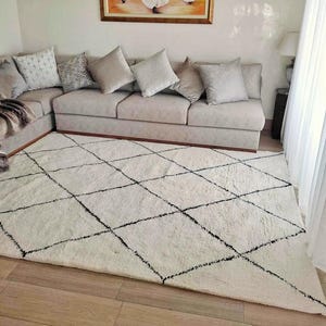Large cream Moroccan Rug, White Black Beni ourain Rug, Wool Shag Rug, Custom Morrocan Rug, Ivory area Rug, Handmade Beni Rug
