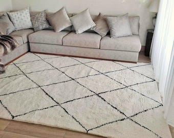 Handmade Beni Ourain Rug: Large Cream & Black Wool Shag Rug