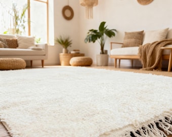 Solid White Moroccan Rug - Handmade Cream Berber Wool Shag Rug - Soft Beni Ourain Modern Living Room Rug - Neutral Boho Chic Bedroom Carpet