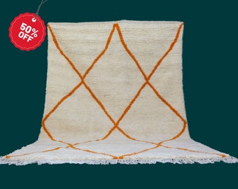 Orange Beni Ourain Rug, Handmade Wool Shag Carpet, Moroccan Berber Decor