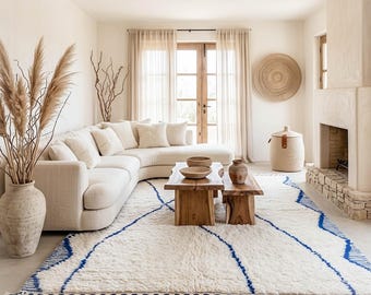 Blue Area Rug - Custom Moroccan Rug - Hand Knotted Wool Beni Ourain For Nursery Living room Bedroom