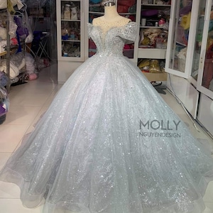Off shoulder DRess - Silver glitter Dress - Silver sparkly Dress - Prom Ballgown - Prom Dress - Beautiful Silver Dress