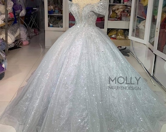 Off shoulder DRess - Silver glitter Dress - Silver sparkly Dress - Prom Ballgown - Prom Dress - Beautiful Silver Dress