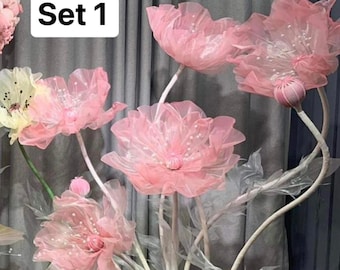 Set Big Flowers, Large Organza flowers, Free-Standing Giant Poppy Flower, Parties/Wedding Floral Decor, Big Flowers Studio Decor