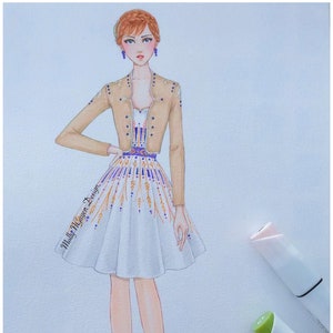 May include: A hand-drawn illustration of a woman wearing a white dress with a blue and gold pattern, a brown jacket, and gold shoes. The illustration is on a white background.