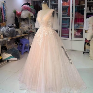 Evening Dress - Full length Dress - beautiful Light Peach Dress -  Bridesmaids dress-