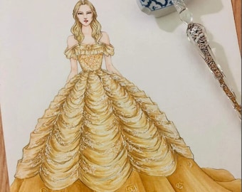 May include: A hand-drawn illustration of a woman wearing a yellow gown with a ruffled neckline and a full skirt. The gown is decorated with small yellow roses. The illustration is signed "Molly Nguyen Design."