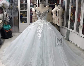 Wedding Dress white light blue, Wedding Dress,  Wedding Ballgown Dress,