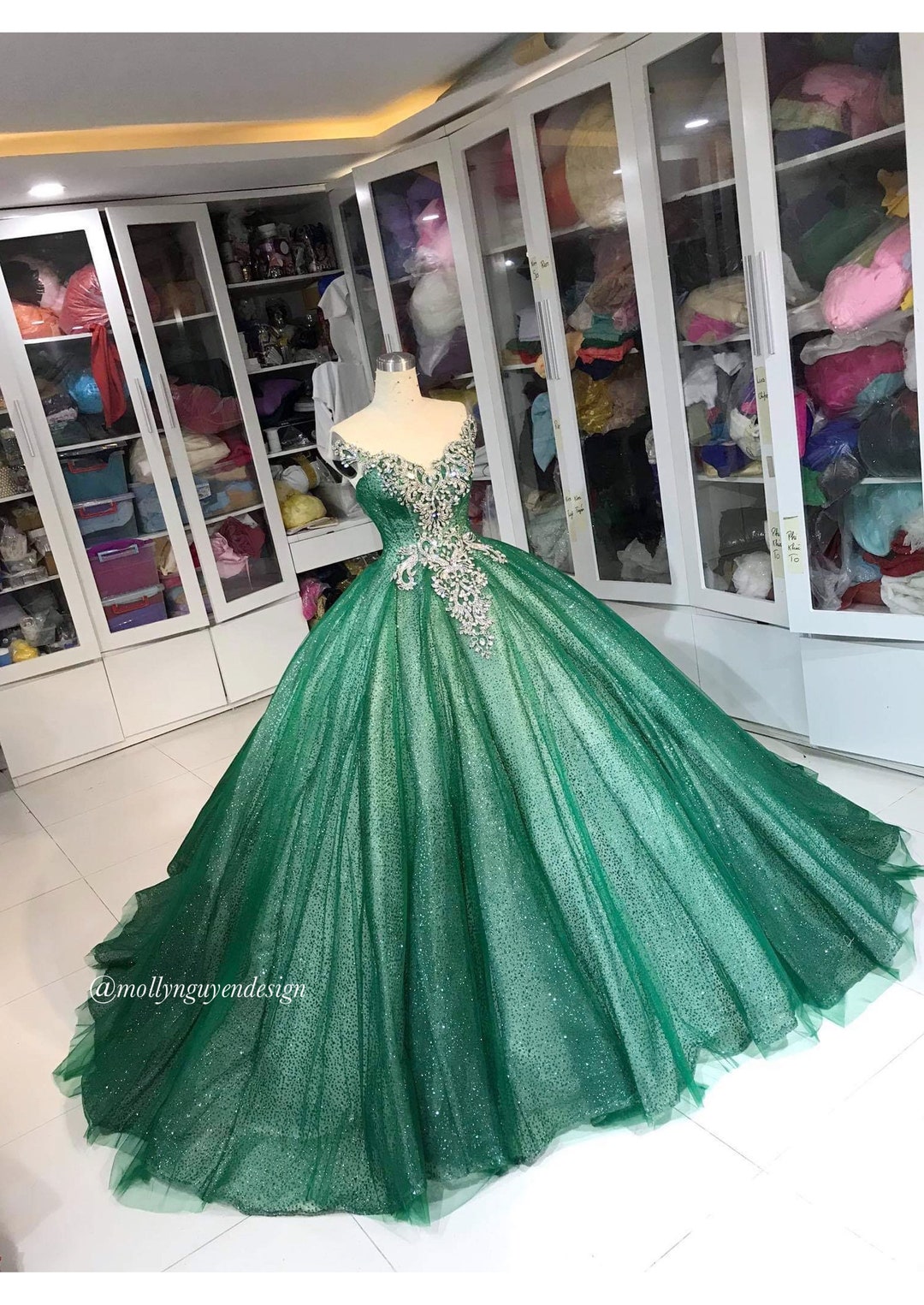 Dark Green Glitter Long Ball Dress with Slit
